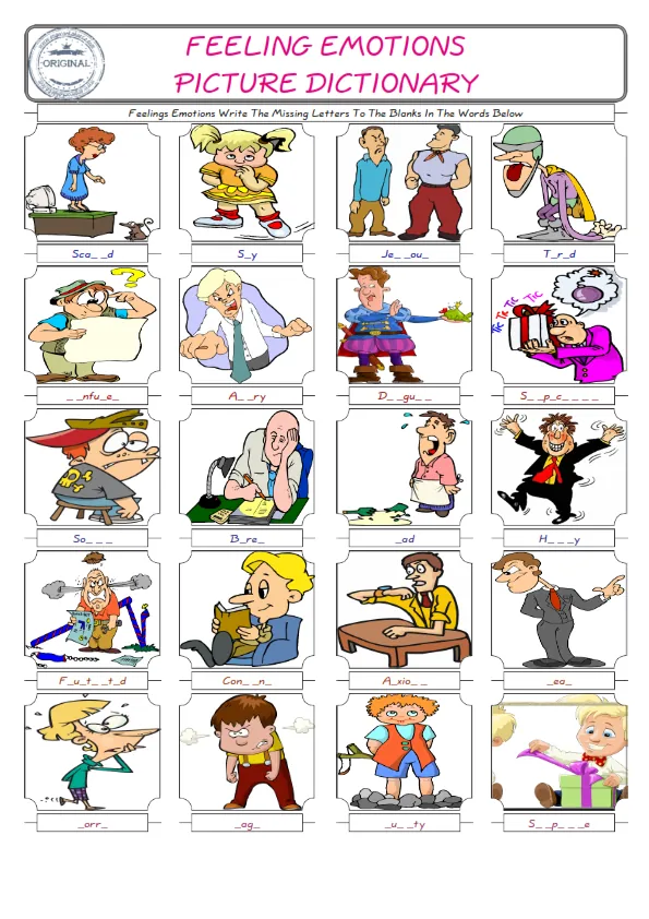 Feelings Emotions Words English worksheets For kids, the ESL Worksheet for finding and typing the missing letters of Feelings Emotions Words Worksheet Preview