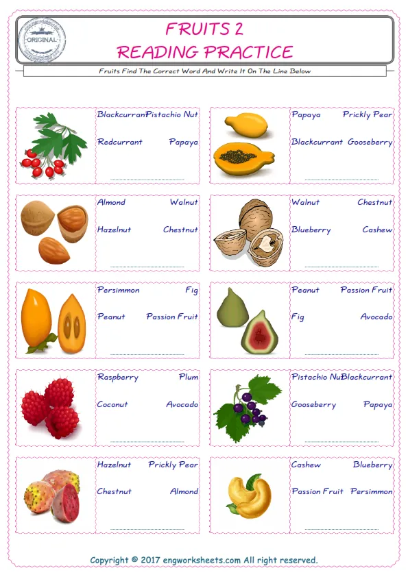 Check the picture of the Fruits for kids ESL worksheet for supplying the correct one among three words into the blank place. Worksheet Preview