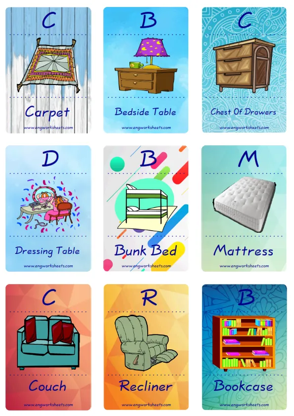 Mini size enjoyable ESL Flashcard Furniture for kids and teachers. Worksheet Preview
