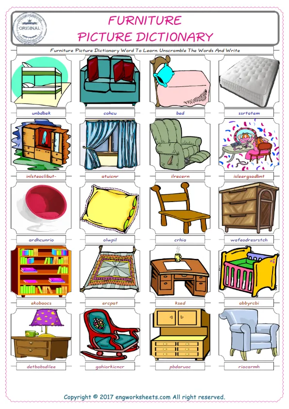 Furniture ESL Worksheets For kids, the exercise worksheet of finding the words given complexly and supplying the correct one. Worksheet Preview