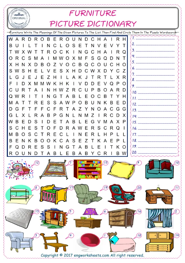 For kids, check the picture of Furniture find, and write the word and find it in the word puzzle ESL printable worksheet. Worksheet Preview