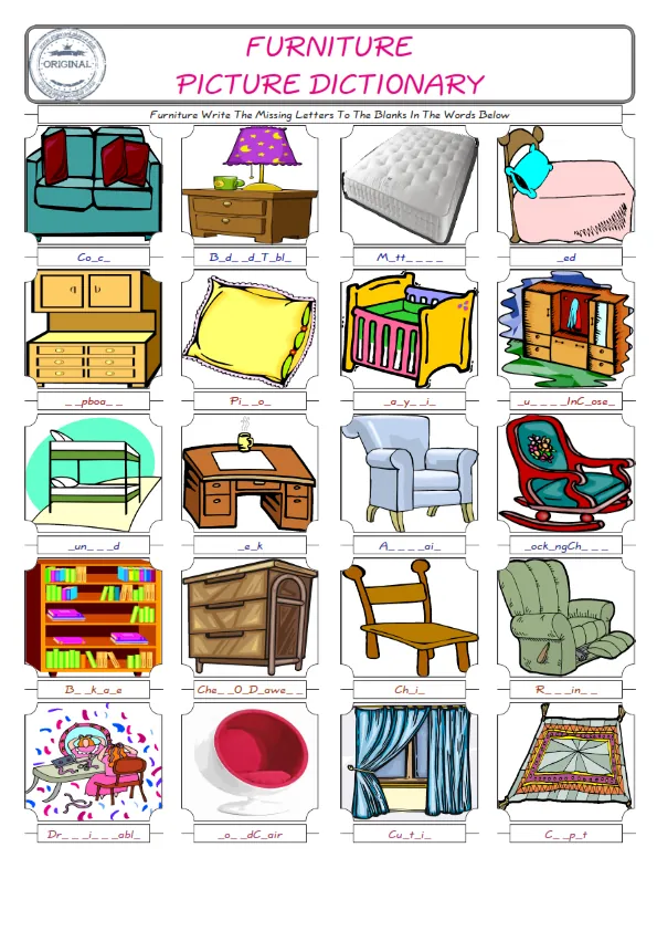 Furniture Words English worksheets For kids, the ESL Worksheet for finding and typing the missing letters of Furniture Words Worksheet Preview