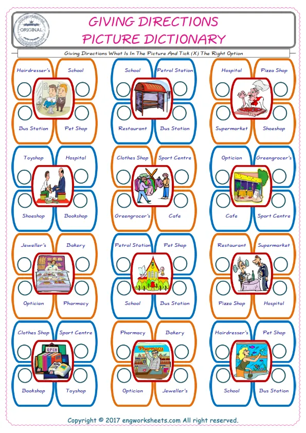 check the picture, mark the correct option amongst the given Giving Directions words English worksheet for kids Worksheet Preview