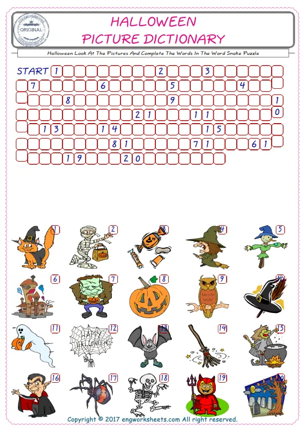 Check the Illustrations of Halloween english worksheets for kids, and Supply the Missing Words in the Word Snake Puzzle ESL play. Worksheet Preview