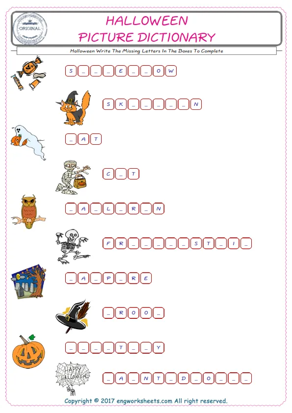 Type in the blank and learn the missing letters in the Halloween words given for kids English worksheet. Worksheet Preview