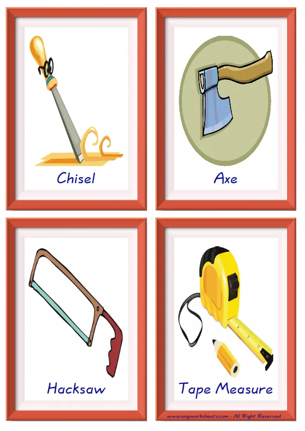 Quarter page ESL Flashcard together with words containing Hand Tools picture for kids and teachers.