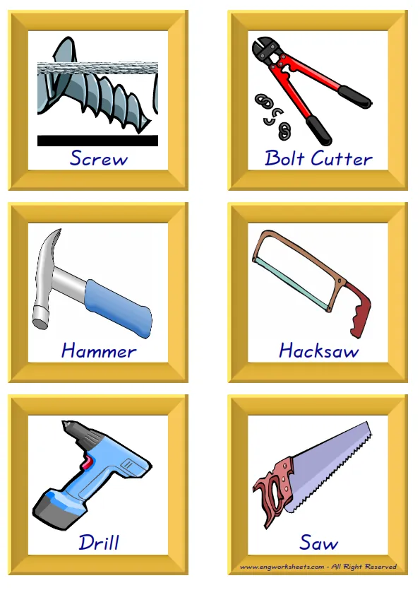 ESL Flashcard together with words containing Hand Tools picture for kids and teachers.