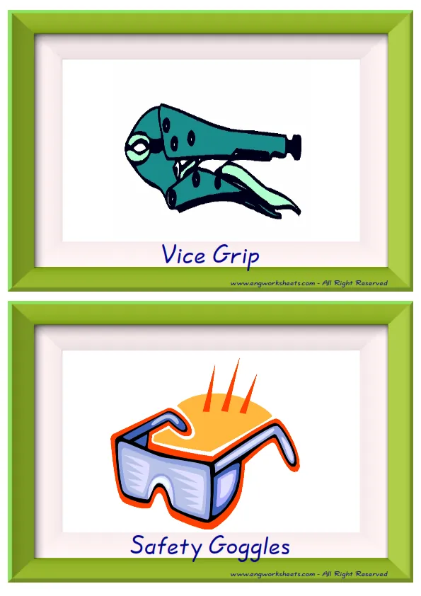 Half page ESL Flashcard together with words containing Hand Tools picture for kids and teachers.