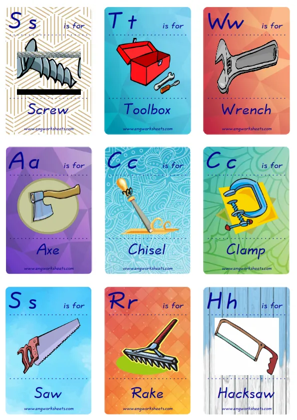 Mini size ESL Flashcard Hand Tools for kids and teachers.