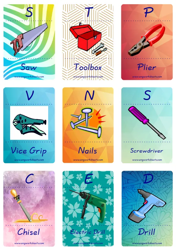 Mini size enjoyable ESL Flashcard Hand Tools for kids and teachers.