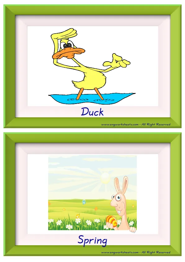 Half page ESL Flashcard together with words containing Happy Easter picture for kids and teachers. Worksheet Preview