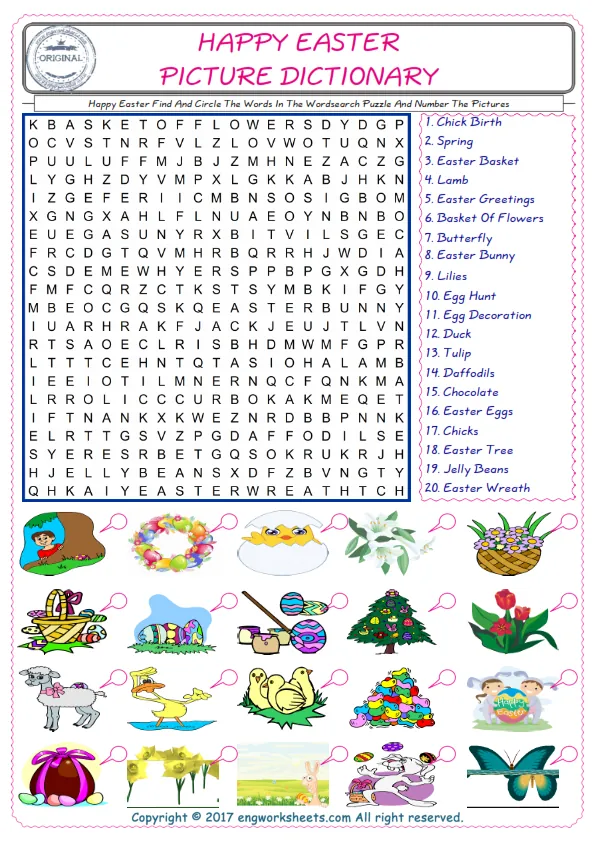 ESL wordsearch worksheets for kids, find Happy Easter words in the word wordsearch write its number on its picture English worksheet. Worksheet Preview