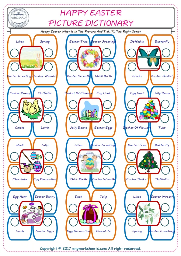 check the picture, mark the correct option amongst the given Happy Easter words English worksheet for kids Worksheet Preview