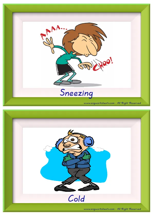Half page ESL Flashcard together with words containing Health Problems picture for kids and teachers. Worksheet Preview
