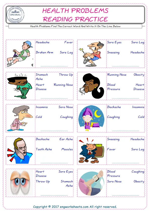 Check the picture of the Health Problems for kids ESL worksheet for supplying the correct one among three words into the blank place. Worksheet Preview