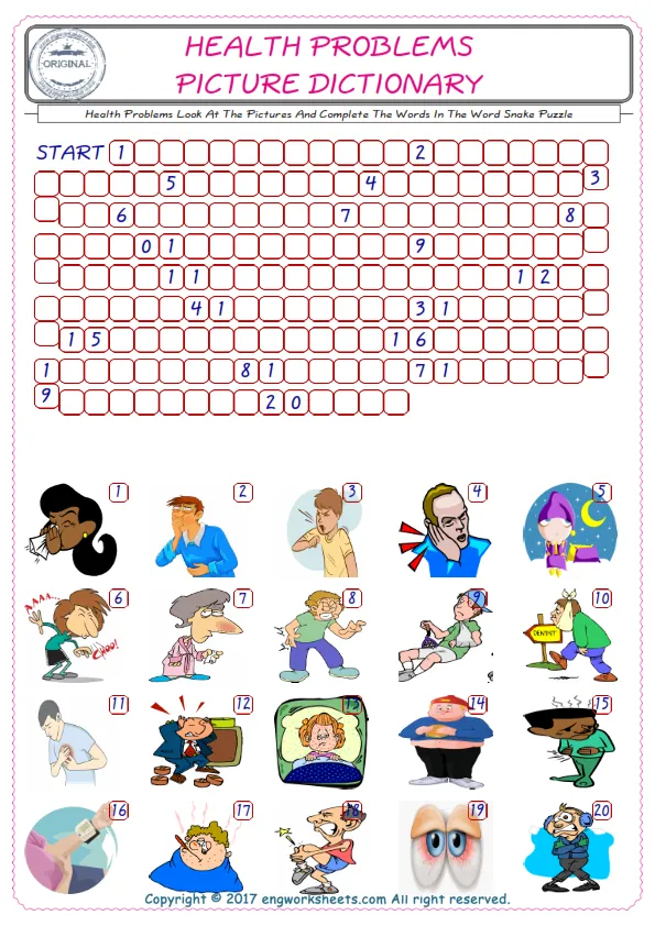 Check the Illustrations of Health Problems english worksheets for kids, and Supply the Missing Words in the Word Snake Puzzle ESL play. Worksheet Preview