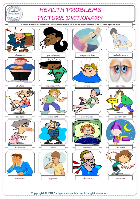 Health Problems ESL Worksheets For kids, the exercise worksheet of finding the words given complexly and supplying the correct one. Worksheet Preview