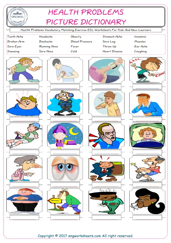 Health Problems for Kids ESL Word Matching English Exercise Worksheet. Worksheet Preview