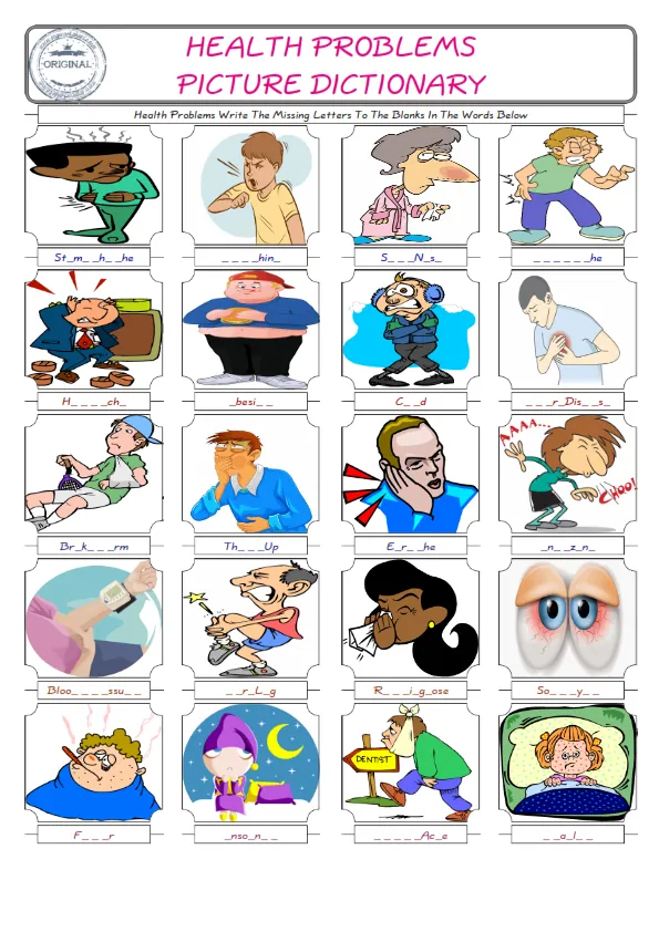Health Problems Words English worksheets For kids, the ESL Worksheet for finding and typing the missing letters of Health Problems Words Worksheet Preview