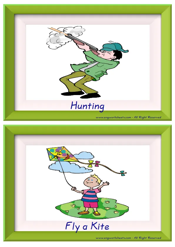 Half page ESL Flashcard together with words containing Hobbies picture for kids and teachers.