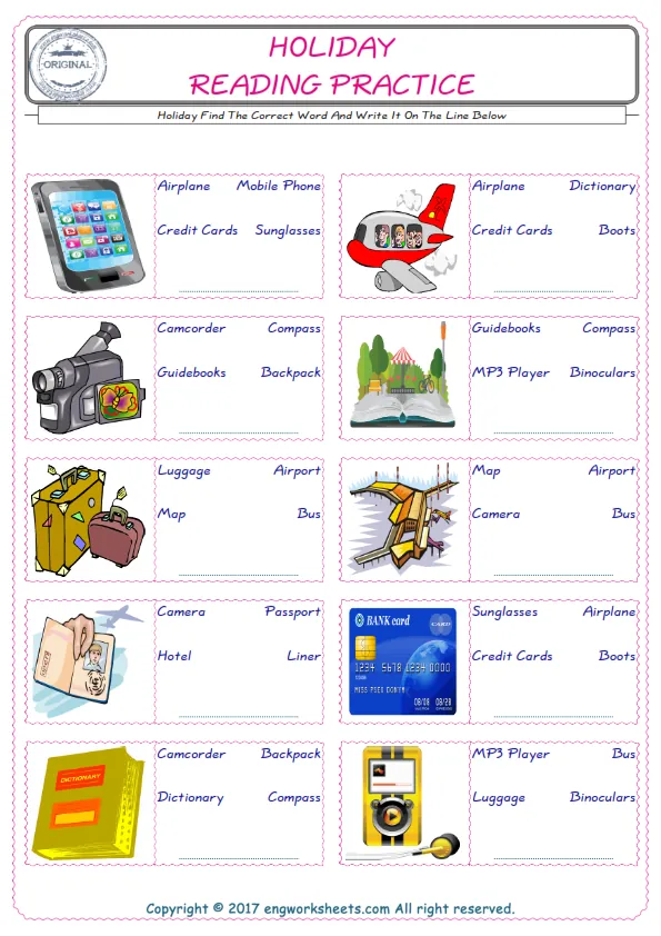 Check the picture of the Holiday for kids ESL worksheet for supplying the correct one among three words into the blank place. Worksheet Preview