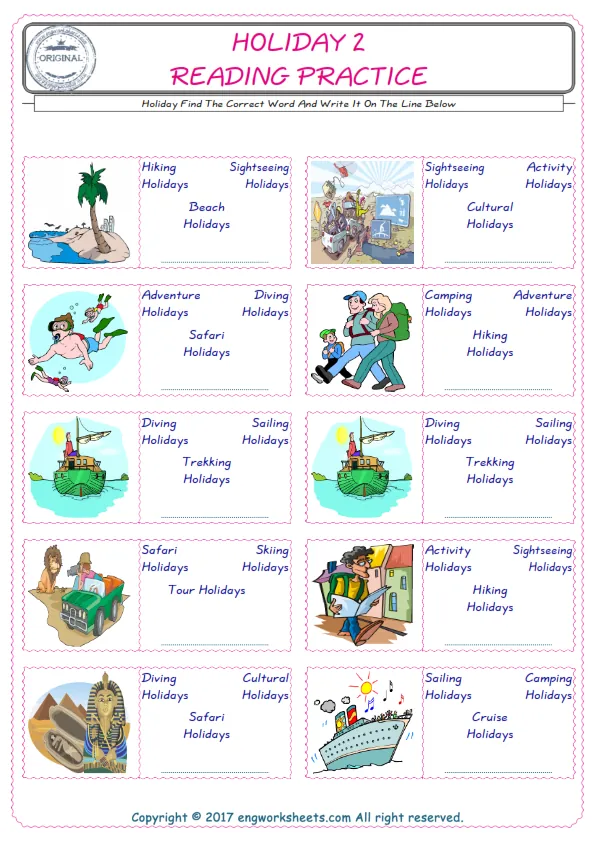 Check the picture of the Holiday for kids ESL worksheet for supplying the correct one among four words into the blank place. Worksheet Preview