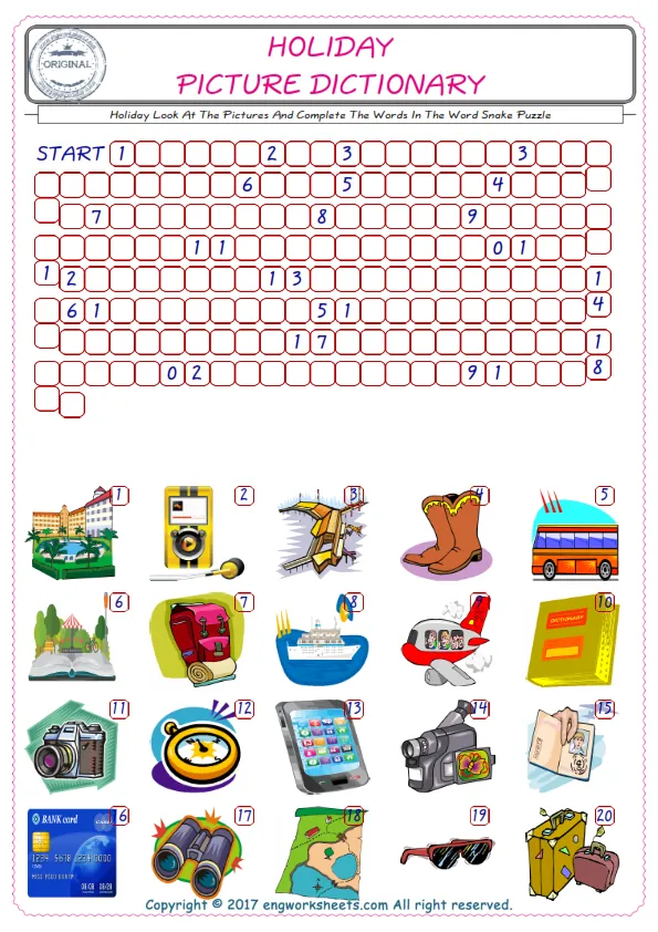 Check the Illustrations of Holiday english worksheets for kids, and Supply the Missing Words in the Word Snake Puzzle ESL play. Worksheet Preview