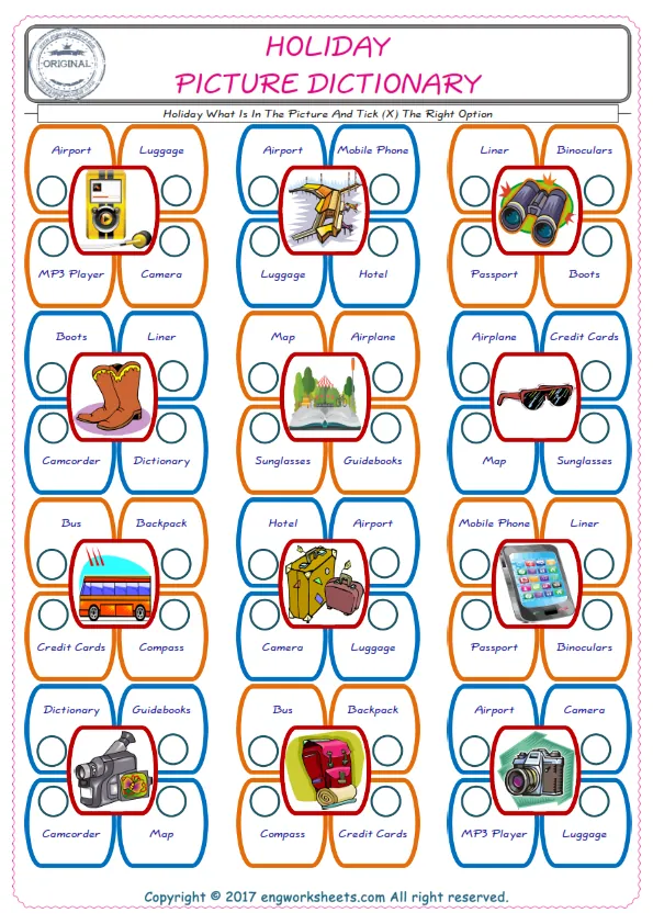 check the picture, mark the correct option amongst the given Holiday words English worksheet for kids Worksheet Preview