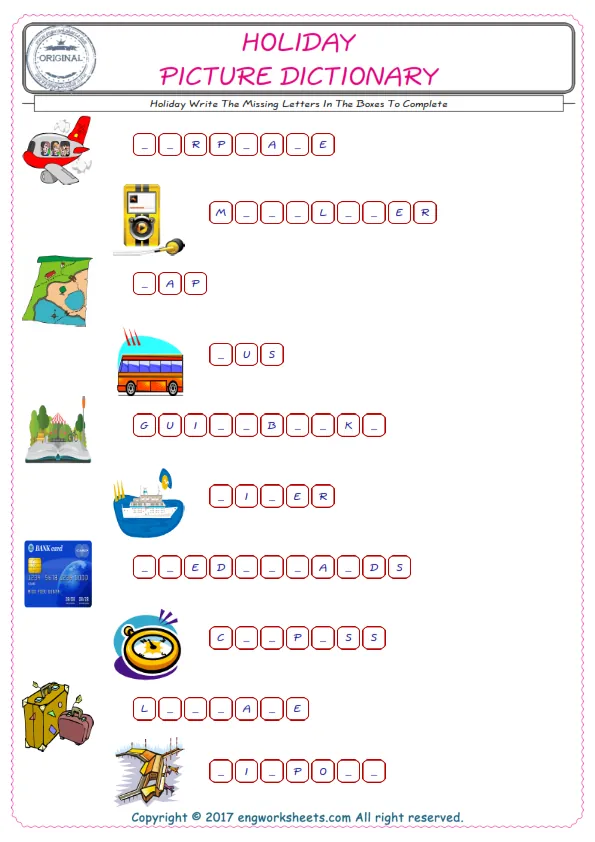 Type in the blank and learn the missing letters in the Holiday words given for kids English worksheet. Worksheet Preview