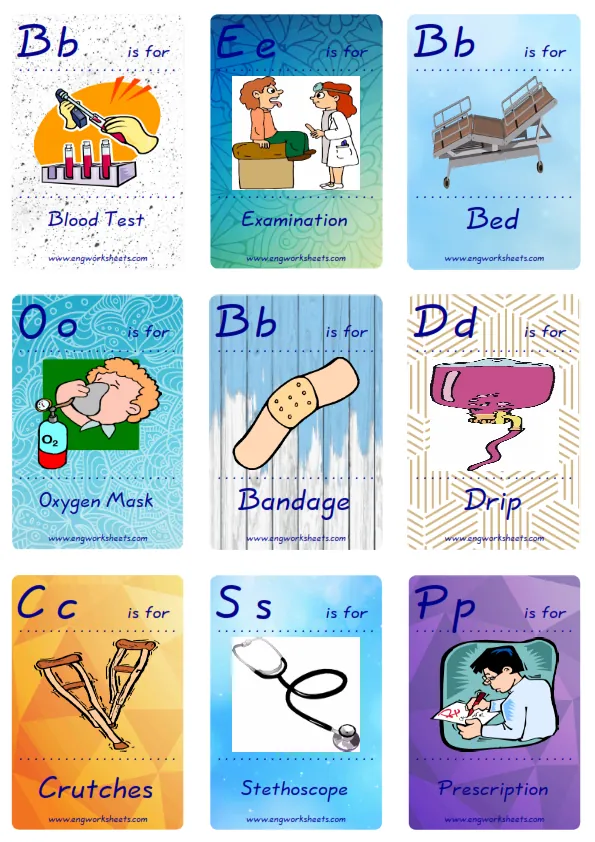 Mini size ESL Flashcard Hospital for kids and teachers.