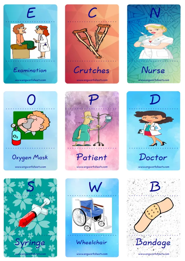 Mini size enjoyable ESL Flashcard Hospital for kids and teachers.