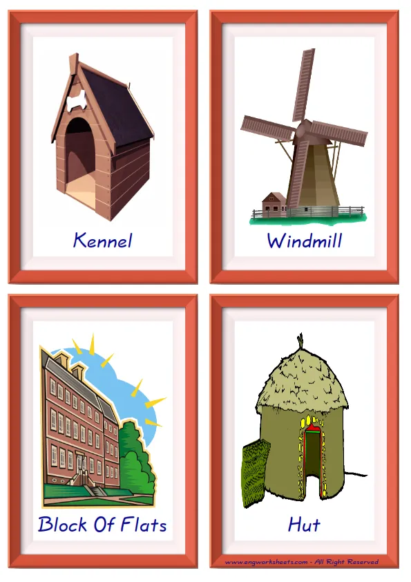 Quarter page ESL Flashcard together with words containing Houses Homes picture for kids and teachers.
