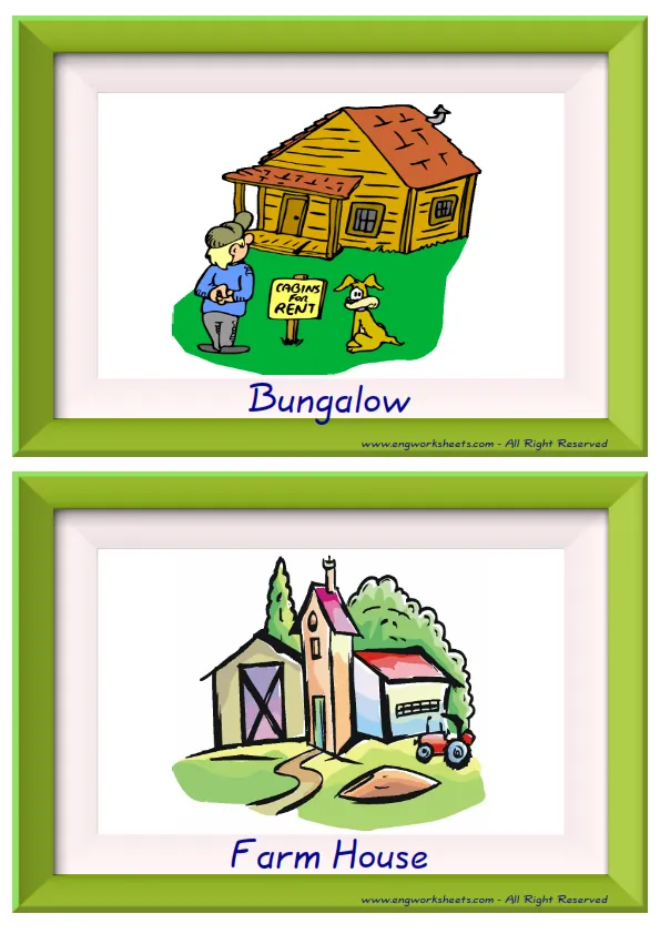 Half page ESL Flashcard together with words containing Houses Homes picture for kids and teachers.