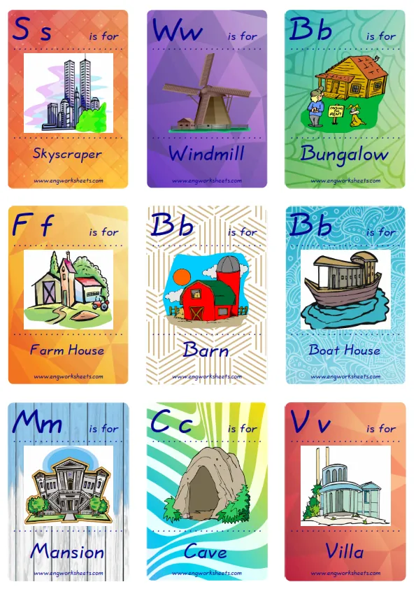 Mini size ESL Flashcard Houses Homes for kids and teachers.