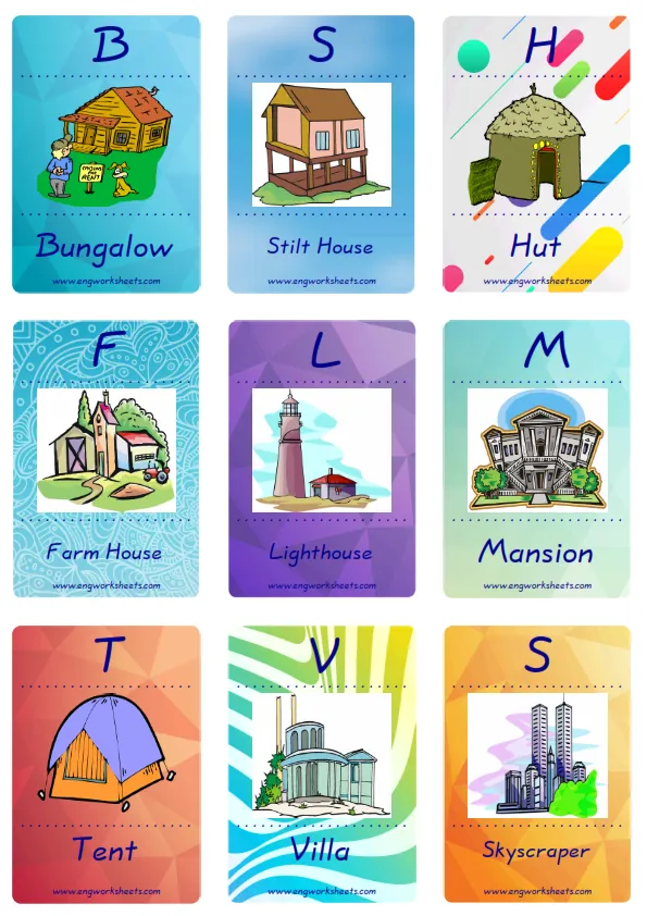 Mini size enjoyable ESL Flashcard Houses Homes for kids and teachers.