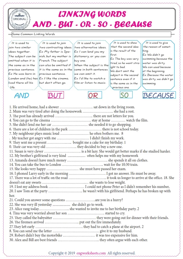 Linking Words And - But - Or - So - Because Worksheet Preview