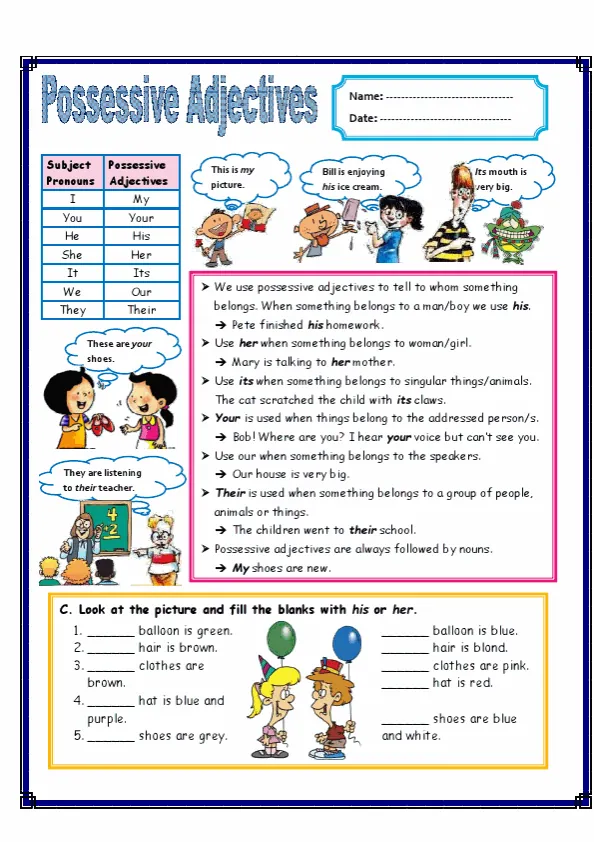 Possessive Adjectives Worksheet Preview