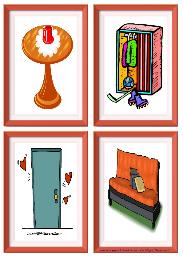 Quarter page ESL Flashcard without words containing Living Room picture for kids and teachers. Worksheet Preview