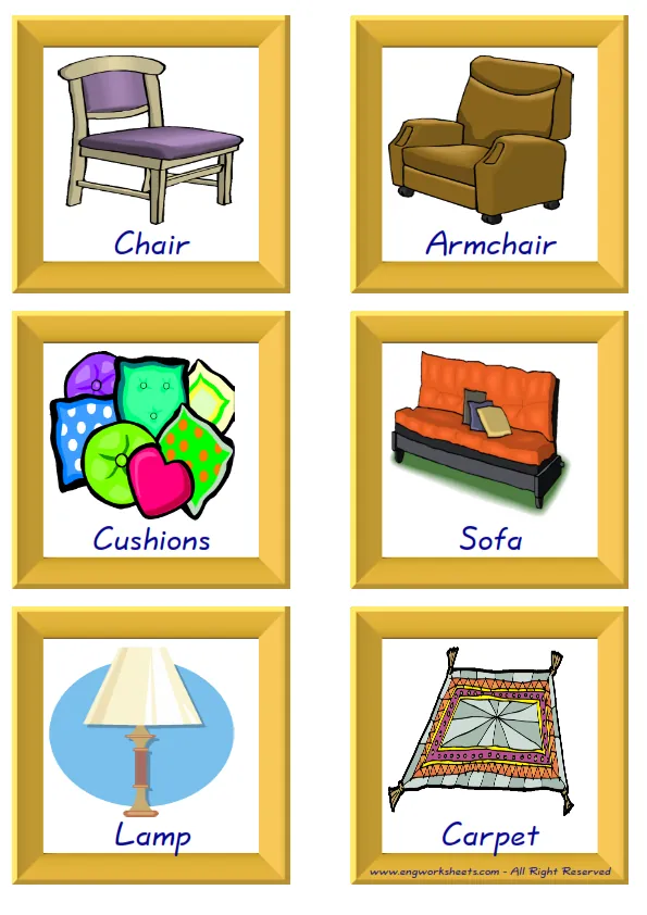 ESL Flashcard together with words containing Living Room picture for kids and teachers. Worksheet Preview