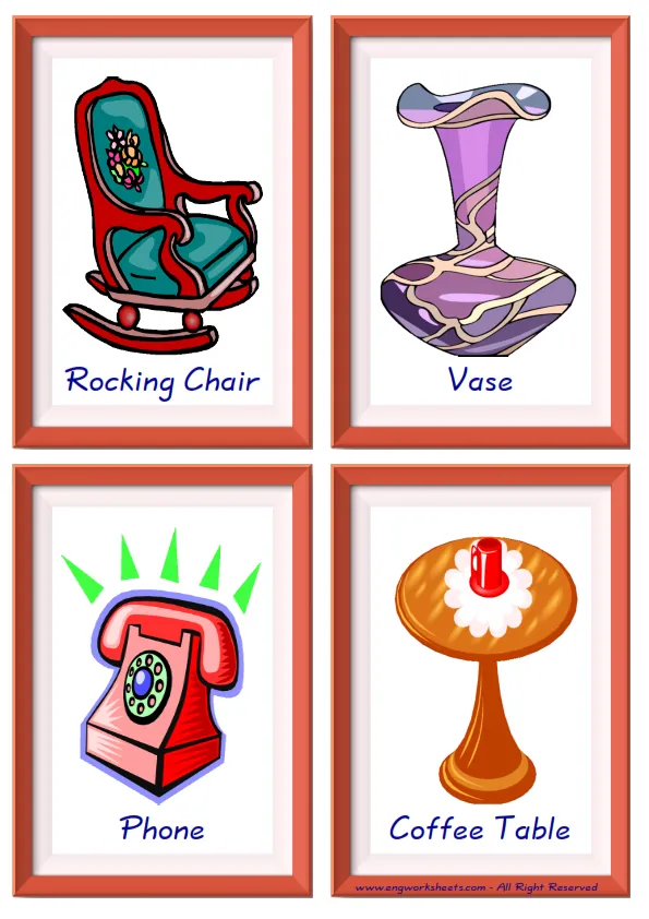 Quarter page ESL Flashcard together with words containing Living Room picture for kids and teachers. Worksheet Preview