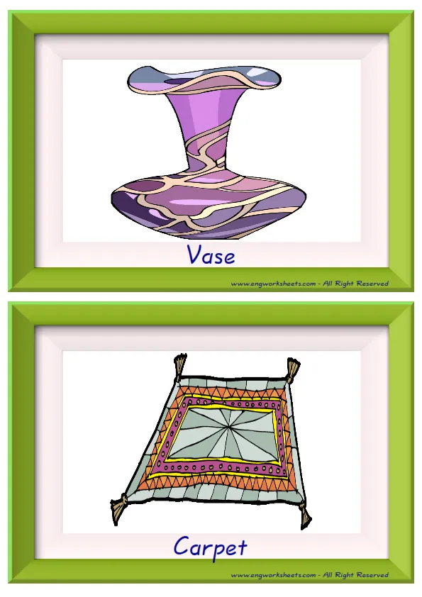 Half page ESL Flashcard together with words containing Living Room picture for kids and teachers. Worksheet Preview