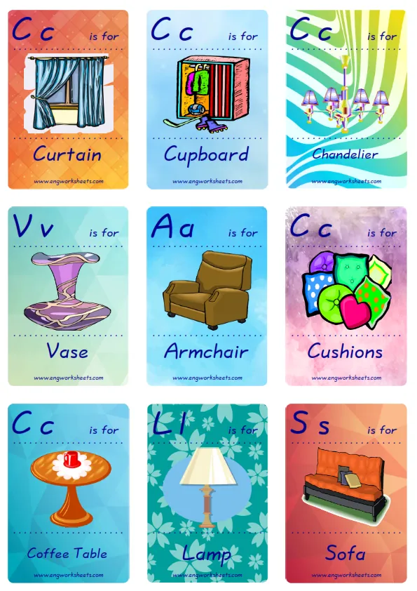 Mini size ESL Flashcard Living Room for kids and teachers. Worksheet Preview