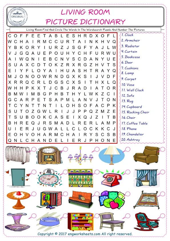 ESL wordsearch worksheets for kids, find Living Room words in the word wordsearch write its number on its picture English worksheet. Worksheet Preview