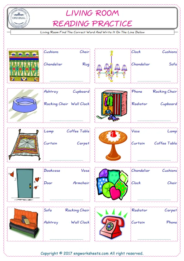 Check the picture of the Living Room for kids ESL worksheet for supplying the correct one among three words into the blank place. Worksheet Preview