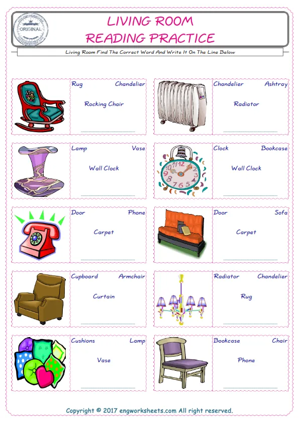Check the picture of the Living Room for kids ESL worksheet for supplying the correct one among four words into the blank place. Worksheet Preview