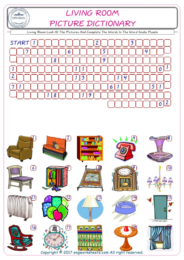 Check the Illustrations of Living Room english worksheets for kids, and Supply the Missing Words in the Word Snake Puzzle ESL play. Worksheet Preview