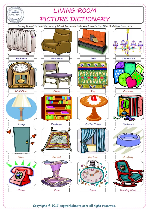 Living Room English Worksheet for Kids ESL Printable Picture Dictionary Worksheet Preview