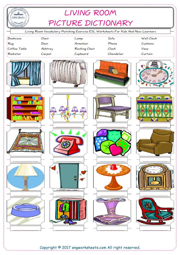 Living Room for Kids ESL Word Matching English Exercise Worksheet. Worksheet Preview