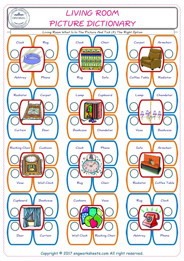 check the picture, mark the correct option amongst the given Living Room words English worksheet for kids Worksheet Preview