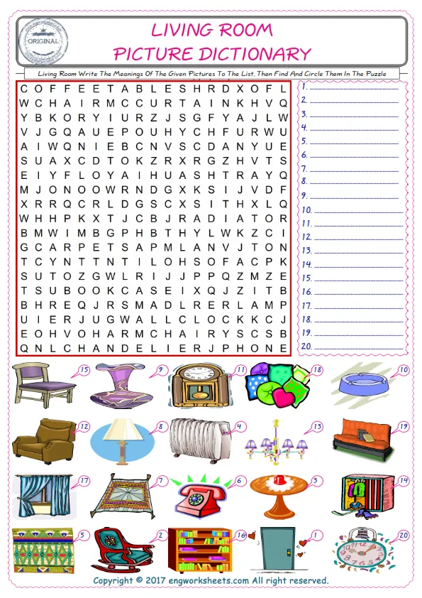 For kids, check the picture of Living Room find, and write the word and find it in the word puzzle ESL printable worksheet. Worksheet Preview